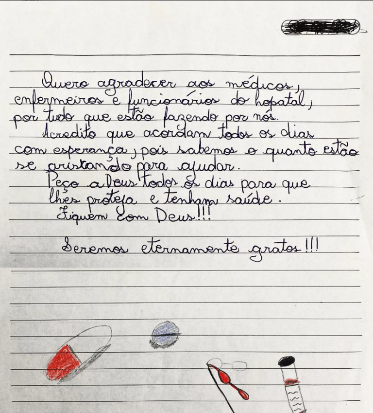 Criança escreve carta de agradecimento aos profissionais do Hospital e
